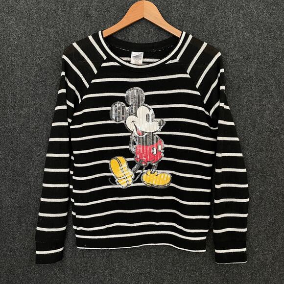Disney Mickey Mouse Sequin Sweater Women’s L Black White Stripe Pullover Holiday - Picture 1 of 10